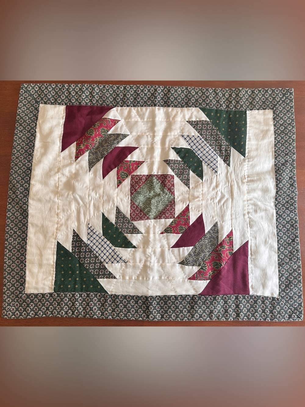 Vintage Quilted Pillow Sham Cover Patchwork 90s Burgundy And Green